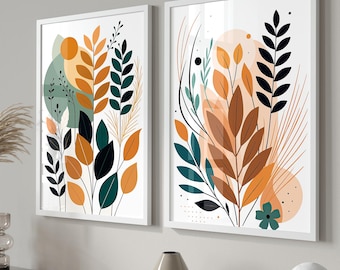 Set of 2 Boho Illustrated Leaves Prints, Abstract Botanical Nature Art, Terracotta Burnt Orange Teal Prints, Mid-Century Scandi Wall Decor