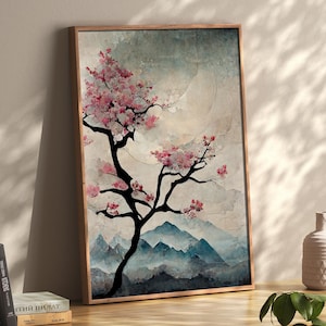 Japanese Style Cherry Blossom Tree Print, Pink Blue Abstract Watercolour Print, Japanese Kimono, Misty Mountains, Living Room Decor