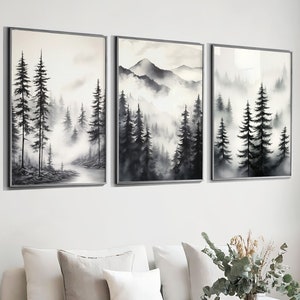 Black & White Landscape Print Set: Nordic Mountain Tree Art