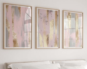 Abstract Blush Pink & Gold Brush Stroke Print Set