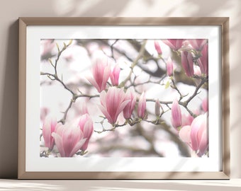 Magnolia Photography Print, Pink Blossom Wall Art, Magnolia Wall Art, Spring Flowers, Botanical Wall Art, Pretty Decor, Bedroom Wall Decor