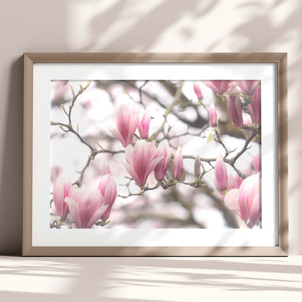 Magnolia Photography Print, Pink Blossom Wall Art, Magnolia Wall Art, Spring Flowers, Botanical Wall Art, Pretty Decor, Bedroom Wall Decor