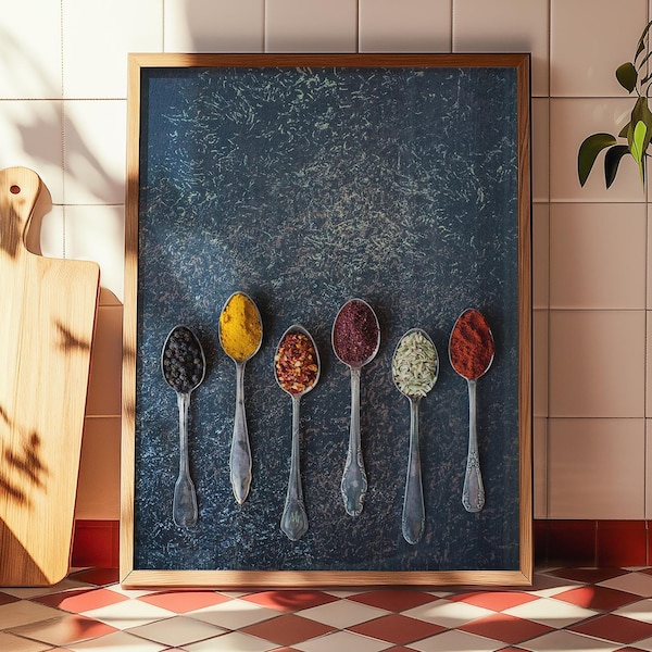 Spices on Spoons Kitchen Print: Rustic Blue Food Photography