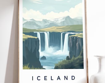 May include: A framed poster with a scenic illustration of a waterfall in Iceland. The poster has a white background with the word "ICELAND" printed in blue at the bottom.