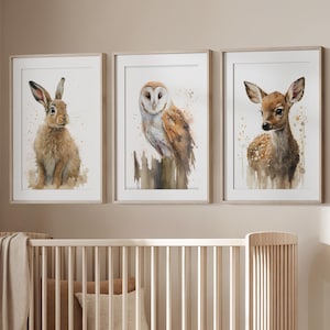 3er-Set Aquarell Waldtiere Prints, Waldtiere Print-Set, Kinderzimmer Dekor Prints, Kinderzimmer Dekor, Hase Eule Deer Print