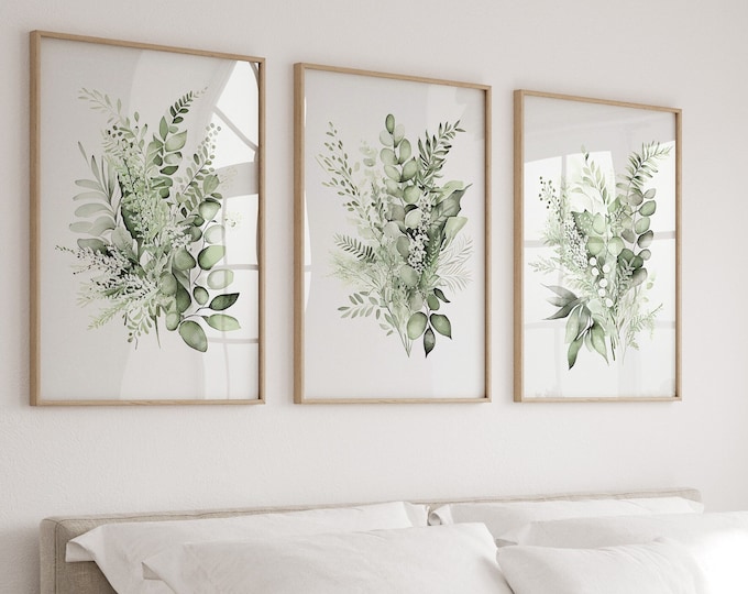 Botanical Set of 3 Prints, Eucalyptus Leaves Watercolour Wall Art, Boho Green Home Decor Prints, Illustrated Plant Prints, Ferns Plant Art