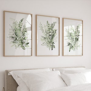 Botanical Set of 3 Prints, Eucalyptus Leaves Watercolour Wall Art, Boho Green Home Decor Prints, Illustrated Plant Prints, Ferns Plant Art