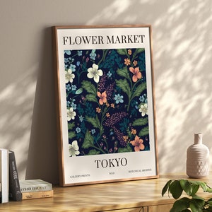 Print Tokyo Flower Market: retro bloemenillustratie, boho-muurkunst
