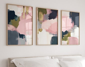 Abstract Brush Stroke Print Set of 3, Pink Navy Gold, Modern Wall Art