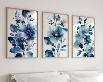 Set of 3 Blue Flower Prints, Watercolour Wall Art, Botanical Wall Art Prints, Blue Bedroom Print Set, Blue Floral Living Room Decor Art