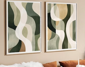 Set of 2 Abstract Sage Green Prints, Block Colour Art, Contemporary Wall Art Set, Minimalist Painting, Two Abstract Living Room Prints