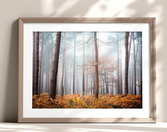 Forest Photography Print, Trees Wall Art, Autumnal Foggy Landscape, Woodland Landscape Print, Blue Orange Wall Art, Living Room Wall Art