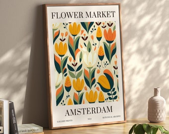 Flower Market Print, Amsterdam Retro Botanical Poster, Boho Floral Illustration Wall Art, Gift for Friend, Mid-Century Living Room Decor