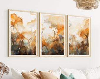Set of 3 Watercolour Forest Prints, Beige Orange Green Landscape Prints, Scandi Boho Art, Abstract Nature Art, Neutral Living Room Decor