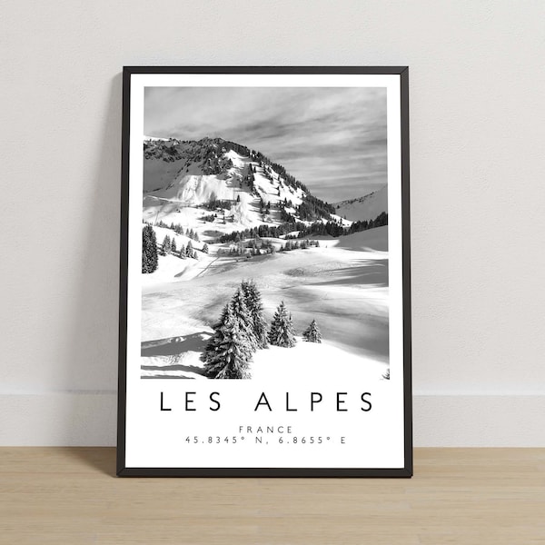 Les Alpes Print, Les Alpes Poster, Travel Photography, Travel Print, France Print, Travel Decor, Black and White Ski Art, Europe Alps Print