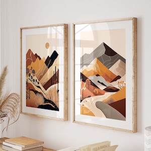 Boho-gebergte set van 2 prenten, abstract landschap, geïllustreerde terracotta verbrande sinaasappelwoestijn, boho kunst aan de muur, modern minimalistisch decor