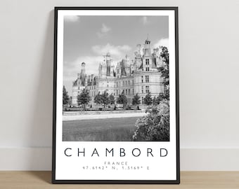 Chambord Francja – wydruk podróżniczy, czarno-biały plakat z lokalizacją, sztuka ścienna Château de Chambord, fotografia europejskiego destynacji