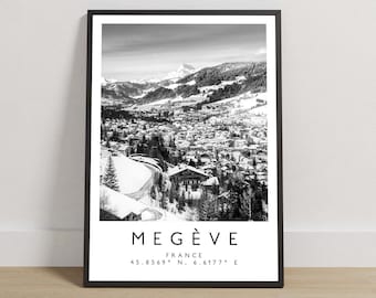 Megève French Alps Travel Print, Black and White Location Poster, Alpine Ski Wall Art, France Destination Photography