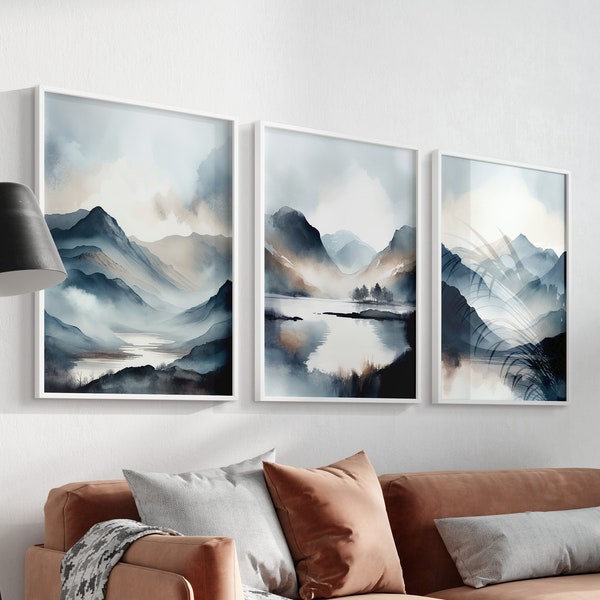Set of 3 Blue Mountains Prints, Watercolour Print Trio, Abstract Landscape Lake Art, Nordic Home Decor, Elegant Blue Living Room Decor