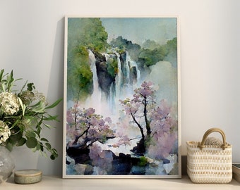 Japanischer Stil Wasserfall Druck, Aquarell Kirschblüten Baum Druck, Pink Grün Abstrakter Druck, Japanischer Kimono, Wohnzimmer Deko