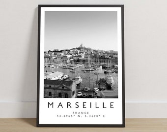 Marseille France Travel Print, Black and White Location Poster, Mediterranean Coast Wall Art, European Destination Photography Decor