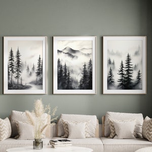Black Cream Landscape Set of 3 Prints, Greyscale Watercolour Prints, Monochrome Abstract Trees, Modern Nordic Decor, Living Room Decor