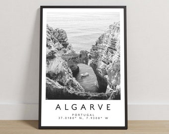 Reseaffisch med Algarve och Portugal, svartvitt kustfotografitryck
