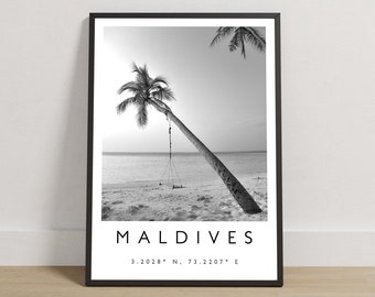 Maldives Print, Maldives Poster, Travel Photography, Travel Print, Island Print, Travel Decor, Black and White Art