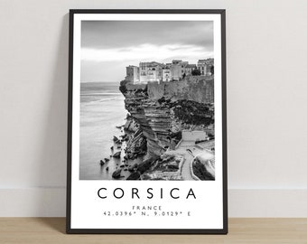 Corsica France Travel Print, Black and White Location Poster, Mediterranean Island Wall Art, European Destination Photography