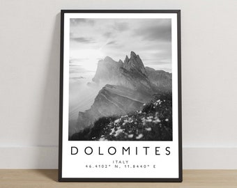 Dolomites Italy Travel Print, Black and White Location Poster, Alpine Mountain Wall Art, European Destination Photography