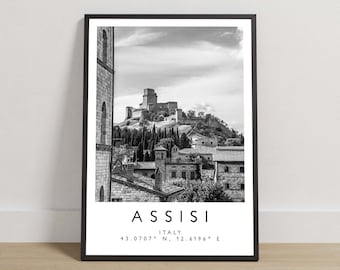 Assisi Italy Travel Poster, Black and White Location Print, Italian City Wall Art, European Destination Photography, Travel Gift