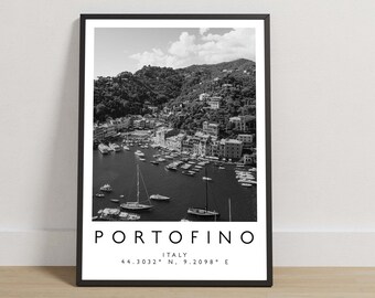 Portofino Italy Travel Poster, Black and White Location Print, Italian Coastal Wall Art, European Destination Photography, Travel Gift