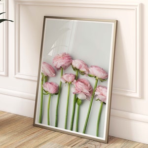 Estampado de ranunculus rosa, arte floral de la pared, estampado floral rosa, arte de la pared botánica, decoración bonita, arte rosa rubor, decoración de la guardería de la niña