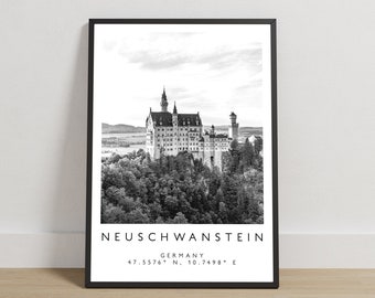 Neuschwanstein Castle Germany Print, Black White Bavarian Wall Art Poster