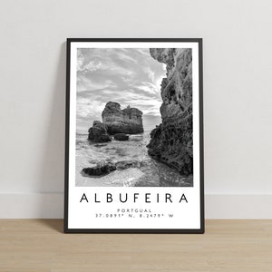 Impression Albufeira, affiche de l'Algarve, photographie de voyage, impression de voyage, impression du Portugal, décoration de voyage, art noir et blanc, impressions Europe