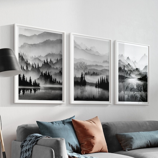Lot de 3 impressions paysage en niveaux de gris, lot de 3 impressions aquarelle, noir et blanc, lac de montagne abstrait, décoration nordique, décoration de salon