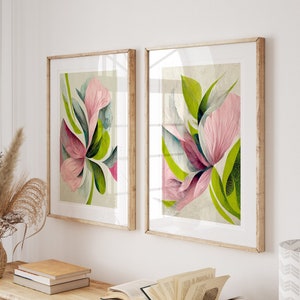 Abstract Pink Green Teal Floral Prints, Flower Wall Art Prints, Set of 2, Watercolour Flower Prints, Illustrated Art, Boho, Colourful Decor