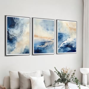 Set of 3 Modern Abstract Prints,  Blue Beige Paintings, Abstract Wall Art, Modern Watercolour Decor, Living Room Print Set, Colourful Print