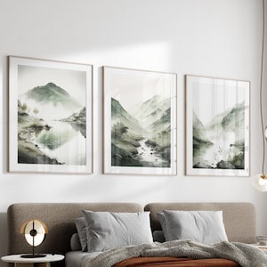 Set of 3 Sage Green Watercolour Landscape Prints, Abstract Mountains Lake Art, Nordic Home Decor, Natural Living Room Decor