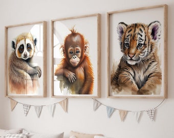 Set of 3 Watercolour Jungle Animal Prints, Nursery Decor