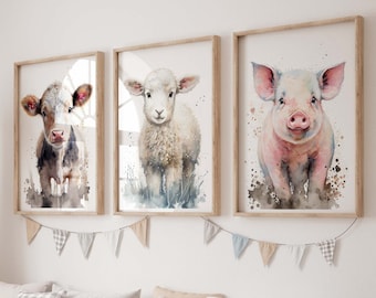Set of 3 Watercolour Farm Animal Prints, Farmyard Animals Print Set, Nursery Decor Prints, Child&#39;s Bedroom Art, Cow Sheep Pig Wall Prints