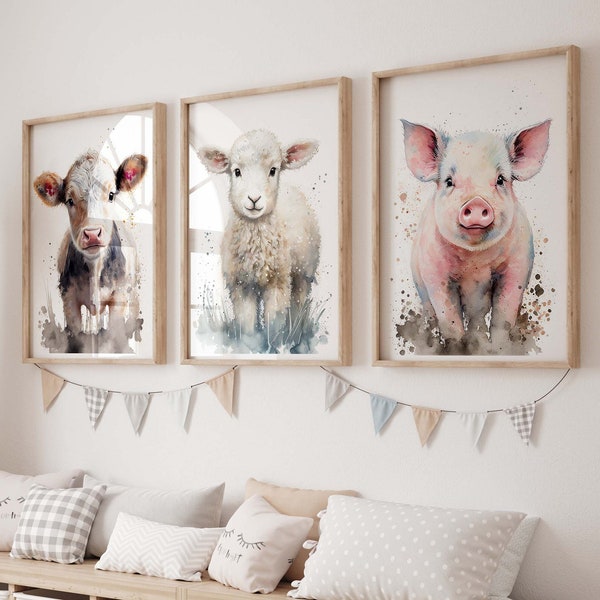 Set of 3 Watercolour Farm Animal Prints, Farmyard Animals Print Set, Nursery Decor Prints, Child's Bedroom Art, Cow Sheep Pig Wall Prints