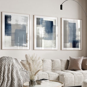 Blue Grey Abstract Set of 3 Prints, Brush Strokes Art Trio, Modern Abstract Wall Art, Blue Home Decor, Living Room Print Set, Grey Print Set