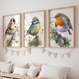 Set di 3 stampe di uccelli da giardino ad acquerello, set di stampe di uccelli britannici, stampe per la decorazione della cameretta dei bambini, arte per la camera dei bambini, stampa di cardellino, cinciarella, pettirosso