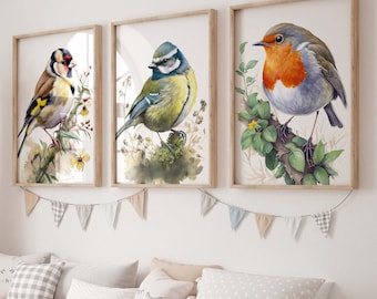 Set of 3 Watercolour Garden Birds Prints, British Birds Print Set, Nursery Decor Prints, Child's Bedroom Art, Goldfinch Bluetit Robin Print