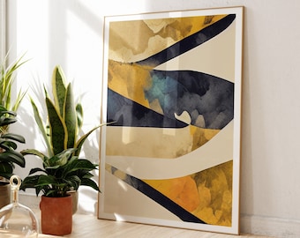 Abstract Mustard Navy Print: Boho Scandi Watercolor Wall Art