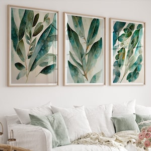 Watercolour Leaves Prints, Set of 3 Abstract Eucalyptus Prints, Green Teal Botanical Wall Art Prints, Illustrated Plant Prints, Bohemian