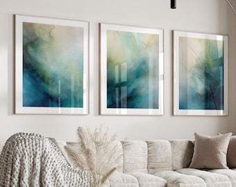 Modern Abstract Set of 3 Turquoise Wall Decor, Set of Blue Green Marbled Prints, Modern Living Room Decor, Turquoise Over the Bed Print Set