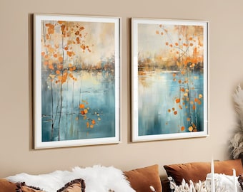 Modern Abstract Leaves Prints, Orange and Turquoise Wall Art Prints, Set of 2 Botanical Prints, Illustrated Art, Boho, Colourful Wall Decor