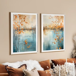 Modern Abstract Leaves Prints, Orange and Turquoise Wall Art Prints, Set of 2 Botanical Prints, Illustrated Art, Boho, Colourful Wall Decor